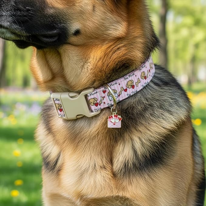 Pink Dog Collar, Girl Dog Collar with Cute Dogs and Hearts, Cute Spring Summer Food Collar with Soft & Breathable Fabric, Adjustable Pet Collar for Medium Dogs