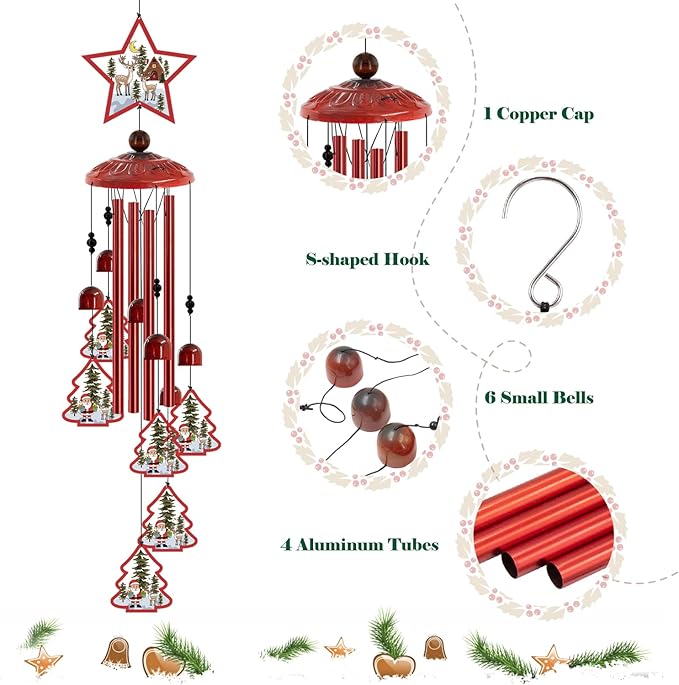 Christmas Wind Chimes for Outside, 35'' Metal Christmas WindChimes Gifts for Women/Men, Decoration for Outdoor, Home, Garden, Patio, Backyard