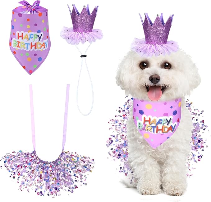 Dog Birthday Bandana with Hat and Dress Girl Set, Dog Birthday Hat Bandana Girl Birthdays Boy Girls Cake Bandanas Triangle Scarf Party Hats Dogs Bow Tie Collar, Cute Tutu Skirt Outfit for Small Dogs
