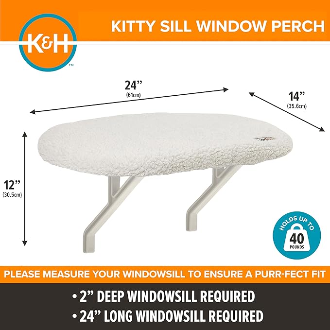 K&H Pet Products Kitty Sill Cat Window Perch for Large Cats, Orthopedic Window Hammock Bed Holds 40LBS, Washable Cover, Kitty Windowsill Bed Seat for Indoors - Cream Fleece, Unheated, 14 X 24in