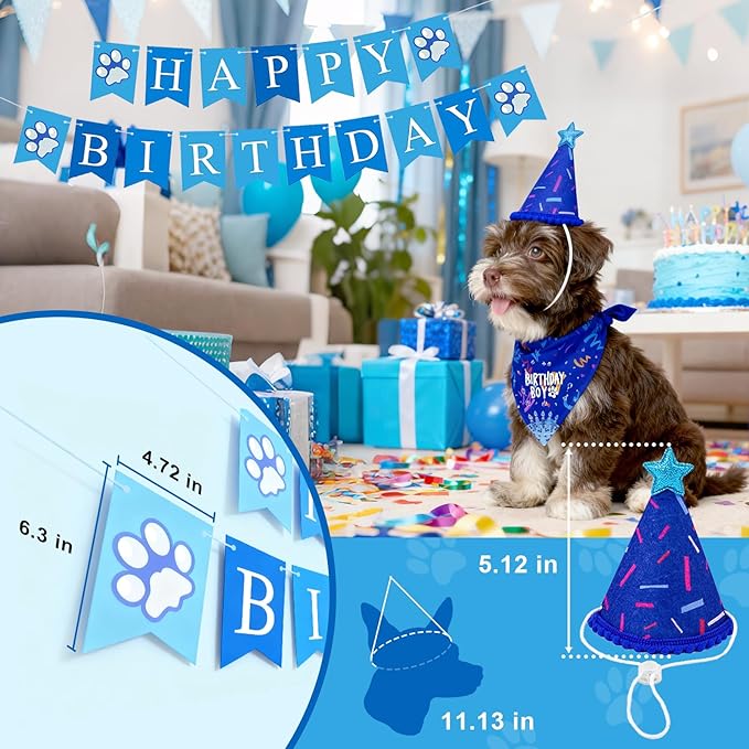 Dog Birthday Party Decorations, Adjustable Dog Bandana Set with Hat, Numbers, Banner for Pet Party Supplies Festive Accessories Large Medium Small Pet Puppy Dogs, Blue