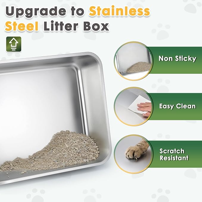 Stainless Steel Litter Box with Lid,Side Entry Large Litter Box,Enclosed High Sided Litter Boxes with High Sided Enclosure&Scoop,Anti-Urine Leakage Non-Sticky for Kitty&Medium Cats(Grey)