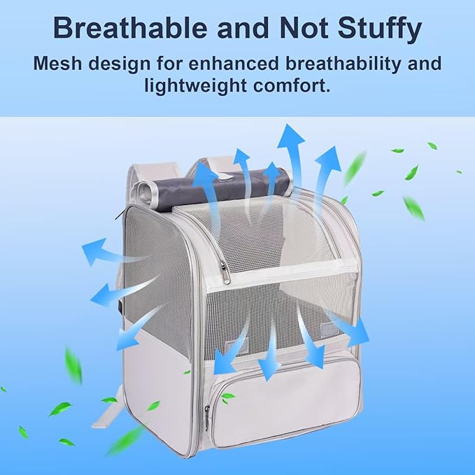 Pesen Cat Backpack Carrier, Breathable & Foldable Pet Carriers for Cats, Small Dogs and Rabbits Under 15 lbs, Airline Approved Dog & Cat Carrier Backpack for Hiking, Travel, Camping, Light Gray