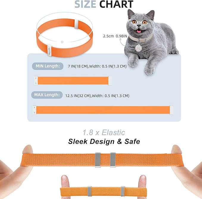 Cat Collar with Bell, Stretch Elastic Quick Release, Modifiable Pet Online Profile Page, Multiple Emergency Contact, Non Breakaway Lightweight Kitten Collar for Girl Cats, Pet Supplies, Gifts (Orange)
