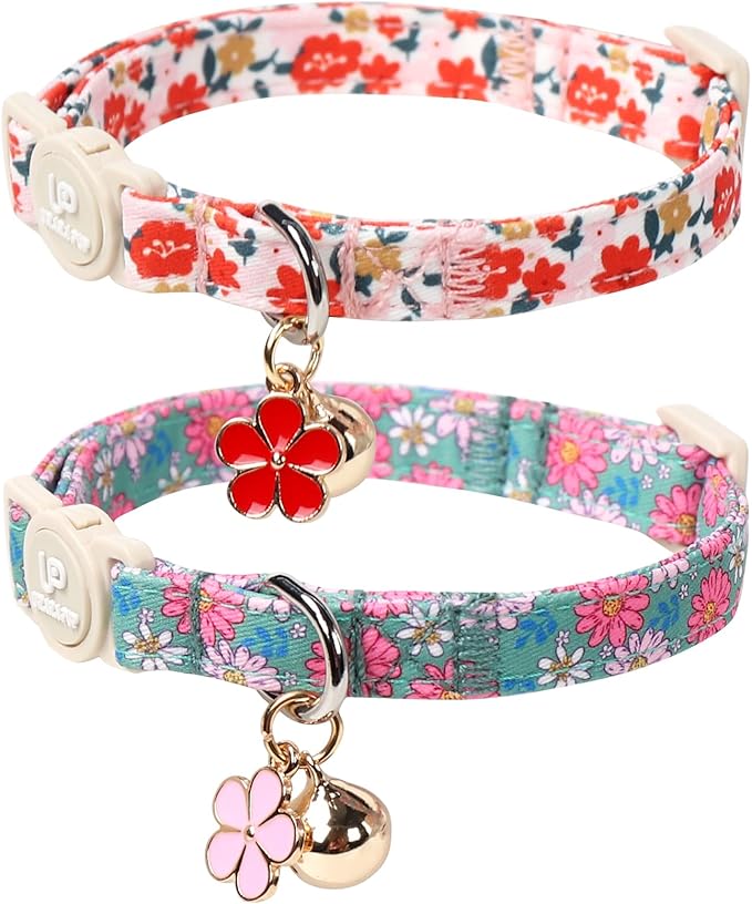 Cat Collar,2Pack Summer Cat Collars Cute Breakaway,Spring Green Leaf Flower Kitten Collar with Bell, Kitty Collars with Safety Buckle for Girl & Boy Cats