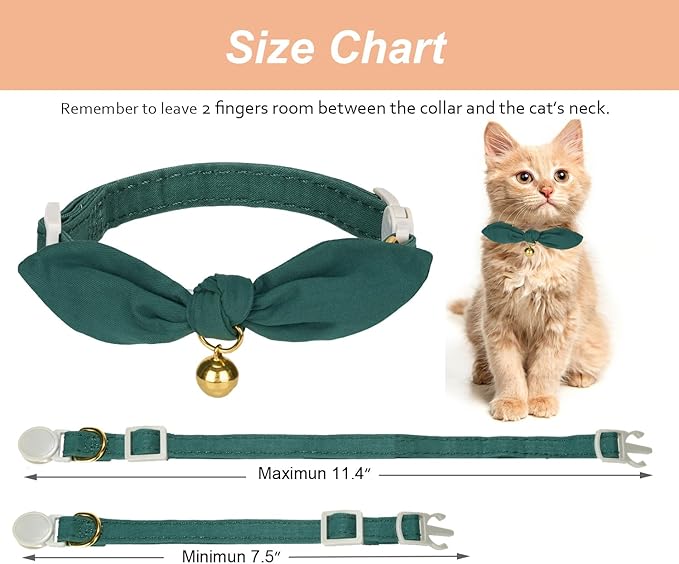 Bunny Ear Cat Collar with Bell and Bow Tie, Breakaway Cute Bowtie Kitten Collars(Dark Green)