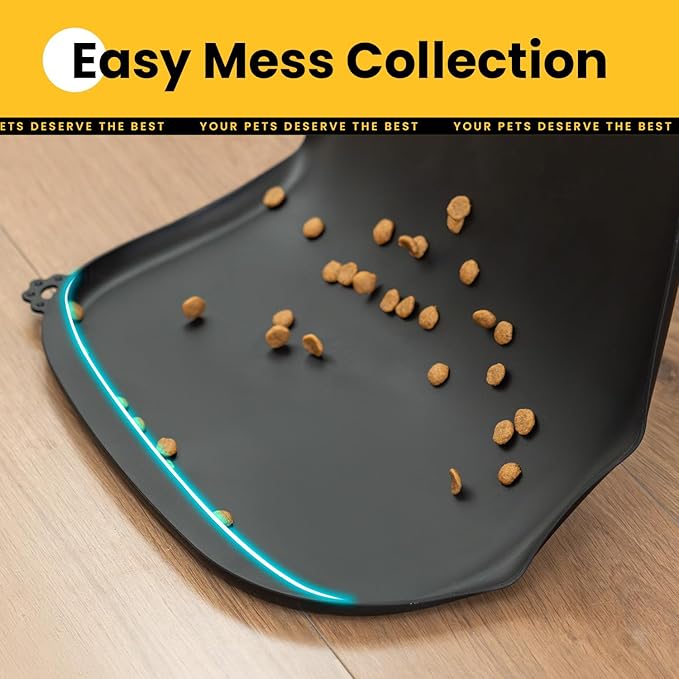 Silicone Dog Food Mat with Side Pocket & Hook Hole, Soft Raised Edges, Easy Clean Waterproof Non-Slip Pet Feeding Mat for Cats and Dogs Water Bowl, Pets Accessories(24"x16",Black)
