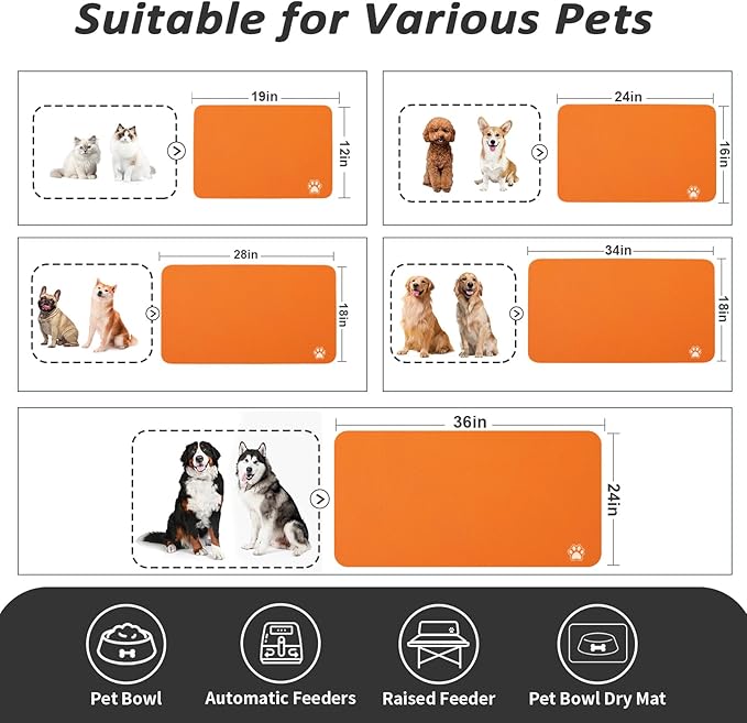 Dog Food Mat - Absorbent Cat Mat for Food and Water, No Stains Pet Feeding Bowl Mat, Easy to Clean Pet Placemats, Quick Dry Dog Water Dispenser Mat for Messy Drinkers | Paw Orange 12"x 19"