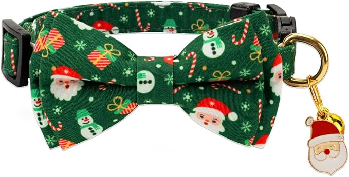 2 Pack Cotton Cat Collar with Bow Tie and Bell for Girl Boy Cats,Cute Pink Flamingo and Blue Whale Pattern Spring Summer Breakaway Cat Collar for Male Female Cats (Santa Claus & Snowman)