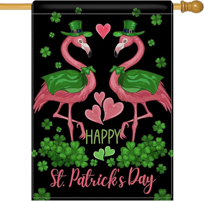 Dyrenson Happy St Patricks Day Flamingo 28 x 40 House Flag Double Sided, Lucky Shamrock Clover Black Garden Yard Decoration, Spring Irish Love Hearts Burlap Outdoor Decor Decorative Large Flag