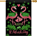 Dyrenson Happy St Patricks Day Flamingo 28 x 40 House Flag Double Sided, Lucky Shamrock Clover Black Garden Yard Decoration, Spring Irish Love Hearts Burlap Outdoor Decor Decorative Large Flag
