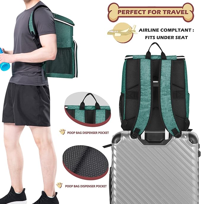 BAGLHER丨Dog Travel Bag Backpack, Airline Approved Pet Supplies Backpack, Dog Travel Bag with 2 Silicone Collapsible Bowls and 2 Food Baskets Green