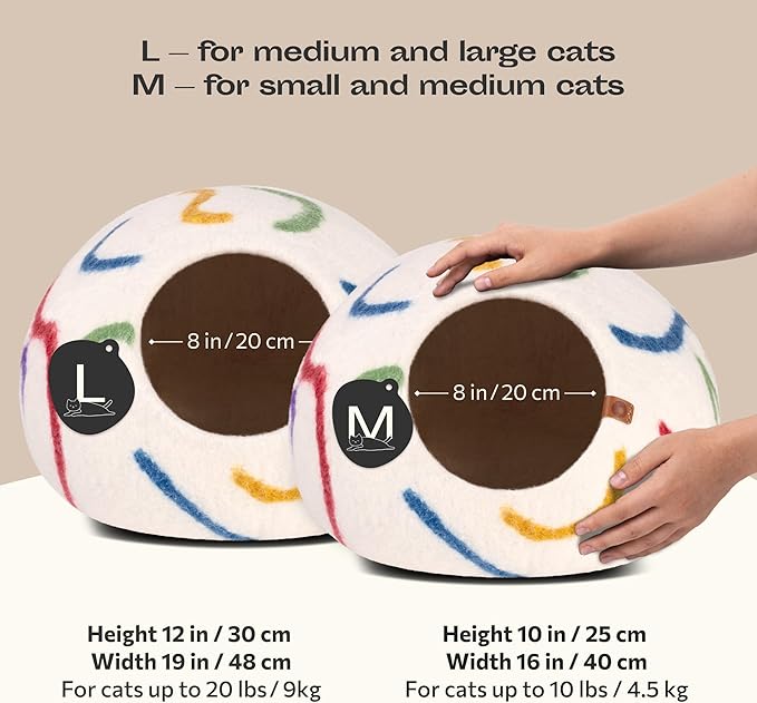 MEOWFIA Cat Cave – Premium Felt Cat Bed for Indoor Cats, Handmade Merino Wool (Ivory Rainbow, Medium)