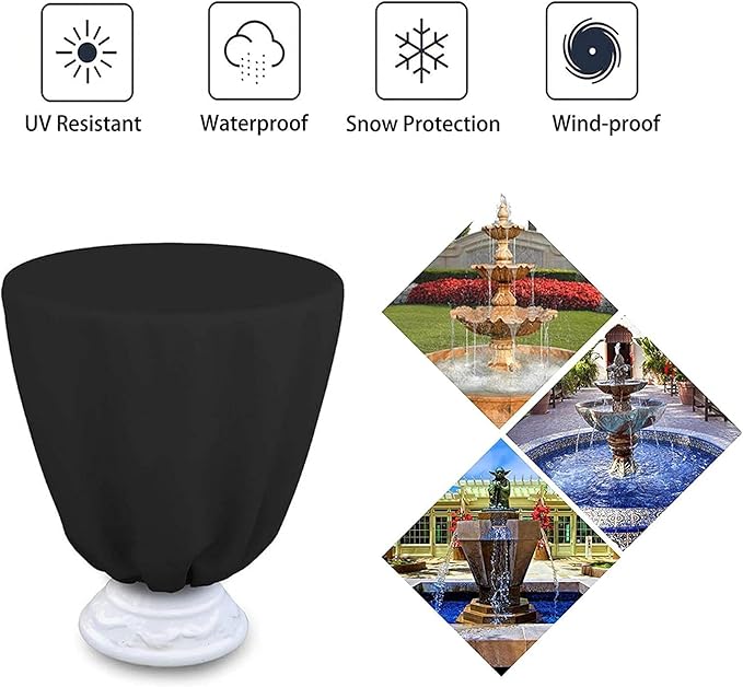 Yumna Fountain Cover 210D Oxford Waterproof Dustproof Cover, Heavy Duty Waterproof Bird Bath Cover, 100 Weather Resistant Water Fountain Cover for Winter Outdoor Garden Fountain Statue, 89x61cm