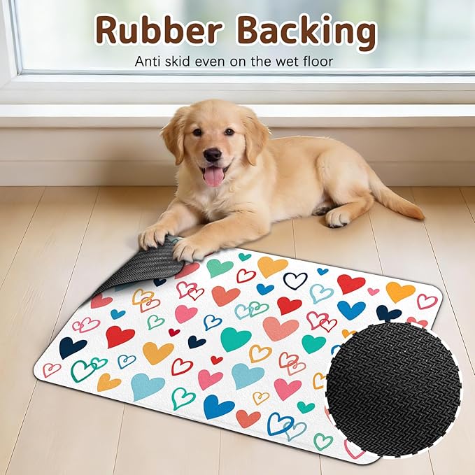 Dog Food Mat for Bowls, Absorbent Quick Dry Dog Cat Mats for Food and Water, Non-Slip Backing Pet Mat Pet Supplies - Heart Pattern