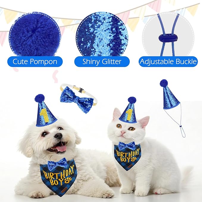 EXPAWLORER Dog Birthday Party Supplies - Dog Birthday Bandana Scarf and Party Hat with Numbers Boy Girl Pet Bow Tie, Cute Outfit for Small Medium Large Dogs (Large)