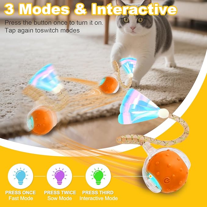 Interactive Cat Toys Ball for Indoor Cats,Automatic Cat Toy with Elastic Mesh Tail,Rechargeable Rolling Kitten Toy,Cat Enrichment Toys for Indoor Cats (RedBlue1, Cat Toy Ball)