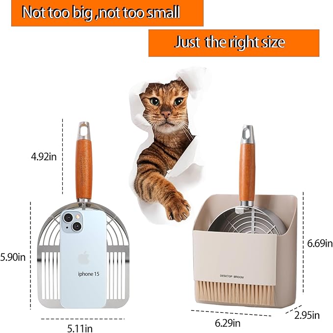 Stainless Steel Metal Cat Litter Scoop with Holder, Small Broom & Dustpan - Durable, Anti-Break Handle, Dual-Width Holes for Quick Clean