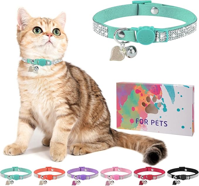 Rhinestone Cat Collar Breakaway with Bell, Diamond Cat Collar with Safety Buckle Quick Release for Girl Boy Small Kitten Pets Puppy,Cute Soft Female Male Cat Collars, Color Pink 7-9"