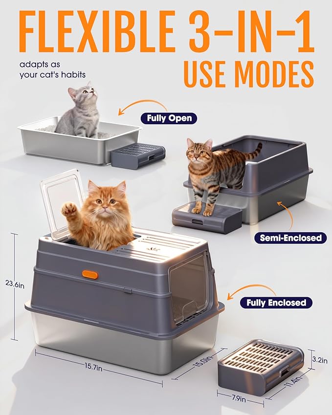 Cat Litter Box - Stainless Steel Litter Box with Lid for Kitty, Metal Base Enclosed Cat Box with Litter Scoop, Elevated Step Box, Activated-Carbon Pack, 23.6" x 15.7" x 15", Grey