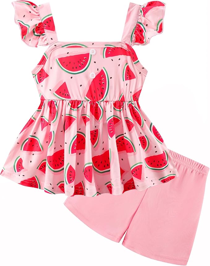 Toddler Baby Girls Summer Clothes Outfits Ruffled Sleeve Dinosaur Shirt Leopard Tops and Shorts Pants Sets 2PCS