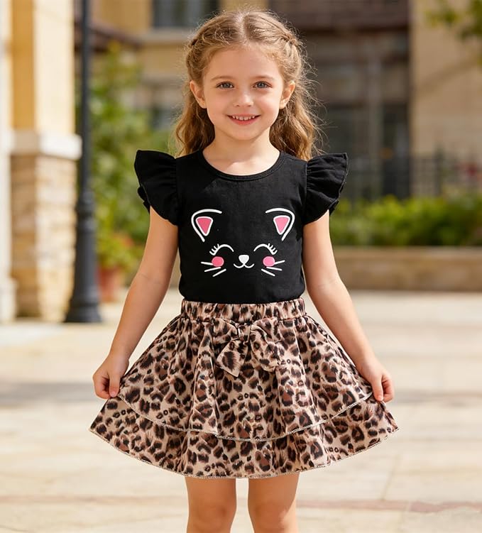 Girls Skirt Set 2 Piece Outfit Toddler Summer Clothes Ruffle Sleeve T-Shirt Bow Knot Tutu Skirt Outfit Set