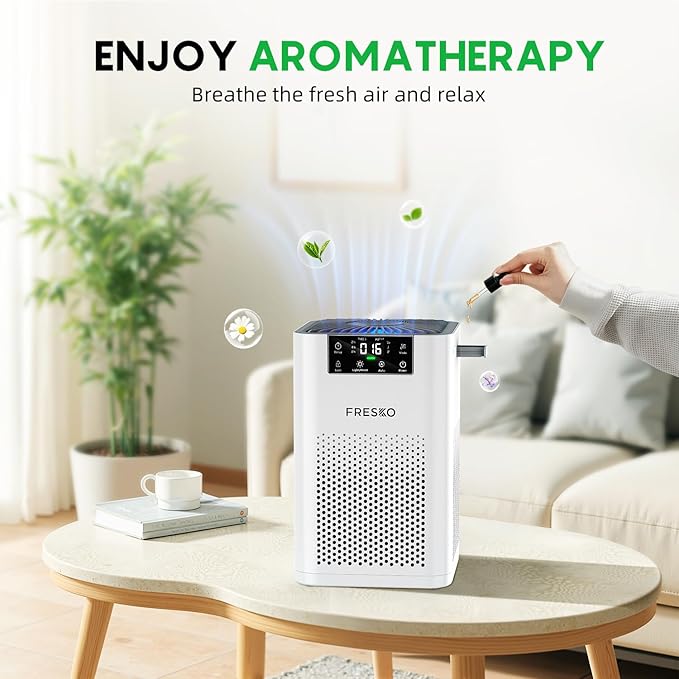 FRESKO Small Air Purifier for Home, HEPA Air Purifiers for Pet Hair, Odors, Quiet Air Cleaner with Aromatherapy for Bedroom & Office, Real-Time PM 2.5 Display, 22dB Sleep Mode, 360°Airflow, White