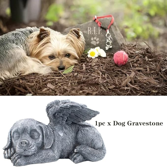 Dog Memorial Stone Resin Statue Pets Sleeping Angel Dog Keepsake Marker Grave Handmade for Cemetery