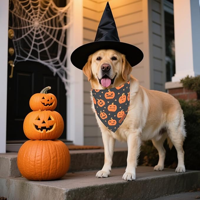 ADOGGYGO Halloween Dog Bandanas 2 Pack, Reversible Pumpkin Ghost Scarf, Premium Fabric, Adjustable Fit Orange Black Halloween Bandanas for Medium Large Dogs (Large)