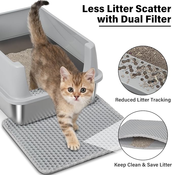 Stainless Steel Litter Box with Lid, Metal Litter Box High Sides, Low Entry Litter Boxes with Scoop and Mat,Non-Stick,Anti-Leakage,Easy to Clean Litterbox for Small to Medium Cats
