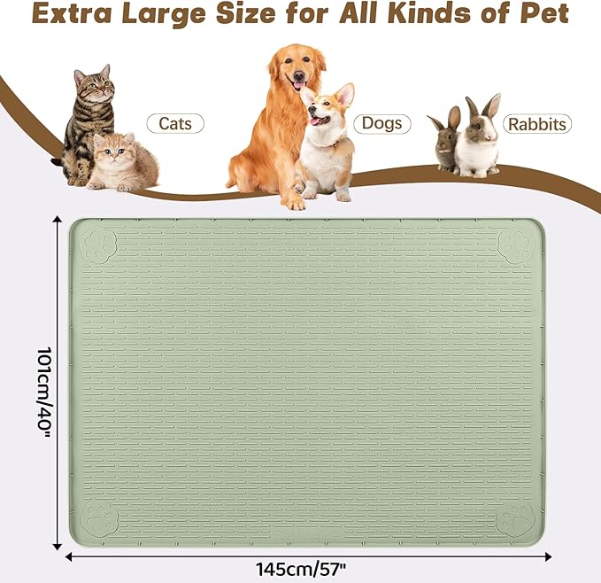 Cat Food Mat, 57" x 40" Extra Large Silicone Pet Feeding Mat with Raised Edge Pet Placemat for Food and Water Bowl Non-Slip, Easy to Clean, Floor Protection (Green)