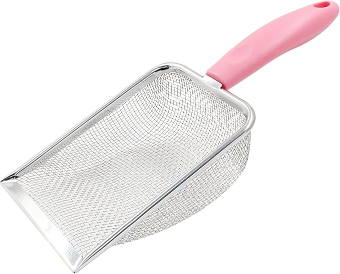 Hordion Cat Litter Scoop Stainless Steel Mesh Scooper, 2mm Mesh Non-Stick Coated Metal Litter Shovel Fine Sand Litter Scooper for Litter Box Kitten Pooper Lifter, Pink