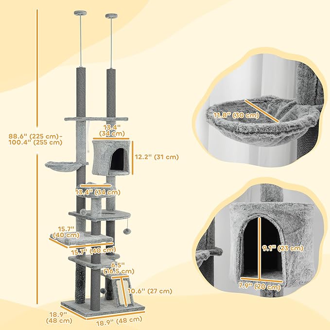 PawHut Floor to Ceiling Cat Tree, 89"-100" Adjustable Height Cat Climbing Tower Activity Center for Indoor Cats with Cat Perch, Condo, Hammocks, Scratching Posts & Ramp, Gray
