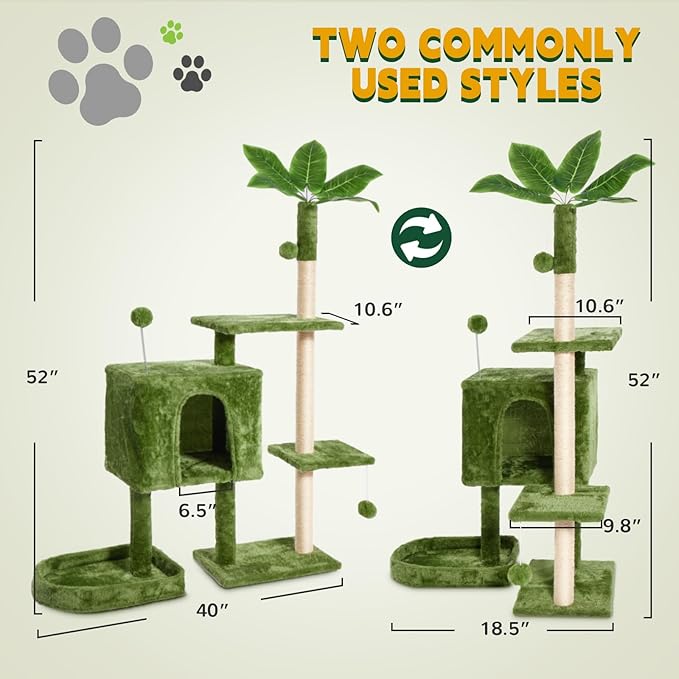 52in Multi-Level Cat Tower with Sisal Scratching Posts, Hidden Cave & Perch Platform, Large Cat Condo for 1-3 Cats, Eco-Friendly Pet Furniture with Realistic Leaves, Green