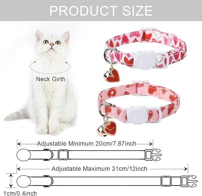 Lionet Paws 2pcs Pack Valentine's Day Cotton Cat Collar,Breakaway Buckle with Pink Red Heart Cute Adjustable Cat Kitten Collar,Ideal for Girl Cats