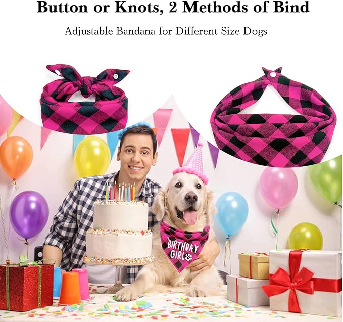 Birthday Plaid Dog Bandana with Button, Fall Dual Layer Scarf Soft Cotton Triangle Bib Girls and Boys Kerchief Adjustable Accessories for Small Medium Large Extra Large Dog Puppy Pet Cat