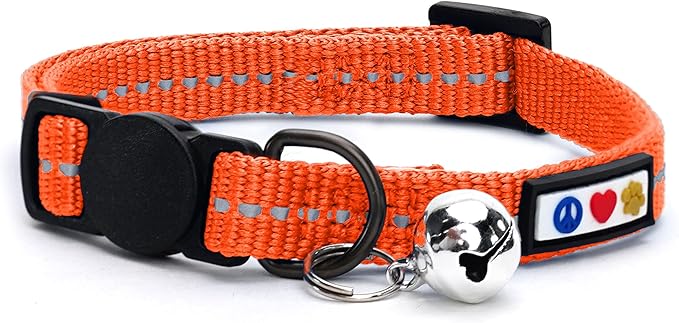 Pawtitas Recycled Orange Reflective Cat Collar – Eco-Friendly Breakaway Safety Buckle, Adjustable Kitten & Adult Collar with Removable Bell and High-Visibility Strap