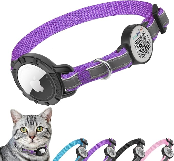 Airtag Cat Collar Breakaway with QR Code Name Tag, Reflective cat Collar airtag Holder with Bell, Cat ID Tag Personalized, Ultra-Durable, Adjustable, Quick Release, Fits Small Large Cats, Purple