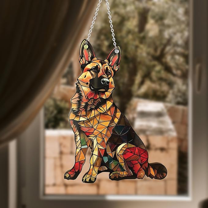 German Shepherd Window Hanging Decor Suncatcher Dog ，Stain Acrylic Window Ornament Animal Memorial Gifts Handcrafted Sun Catchers Decor for Indoor Outdoor Garden (German Shepherds)