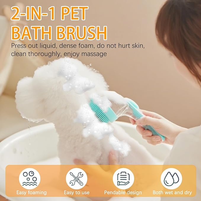 7 PCS Pet Bath Brush Set, Dog Bath Brush with Shampoo Dispenser, Cat Chin Cleaning Brush, Dog Toothbrush, Adjustable Glove Massage Brush, Pet Scrubber for Bathing Long Short Haired Dogs Cats