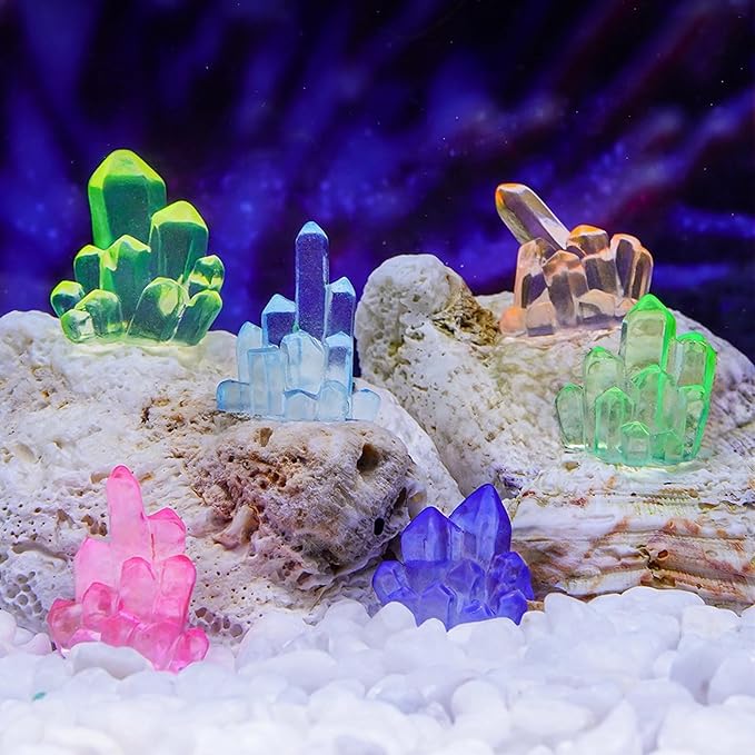 MIUPOO Glow Crystal,Betta Stones,Glow in The Dark Crystal,Bonsai Decor,Chips Stone Small Decorative,Fish Tank Decor,6 Colors,12 Pieces.
