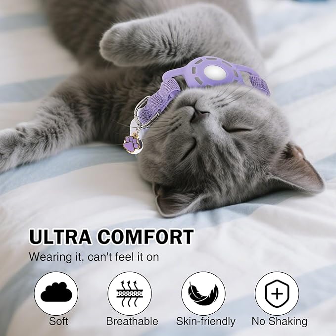 Airtag Cat Collar Breakaway, Stretchy Cat Tracker Collar with Apple Air Tag Holder for Boy Girl Cats, Elastic GPS Tracking Collars for Kittens and Puppies, Adjustable 9"-12" Purple