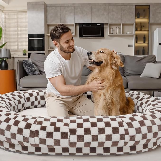 74"x50"x12" Human Dog Bed for Adults, Ultra Plush Waterproof Bean Bag Chair, Machine Washable & Anti-Slip, Memory Foam Oversize Dog Bed for Lounging, Reading, Gaming, Brown Grid