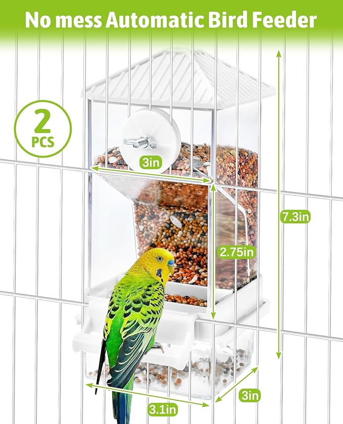 Hamiledyi Automatic Bird Feeder 2 Pcs No Mess Bird Cage Feeder Seed Food Container with Perch Transparent Parrot Cage Accessories for Parakeets, Budgies, Cockatoos, Finches, Lovebirds (White)