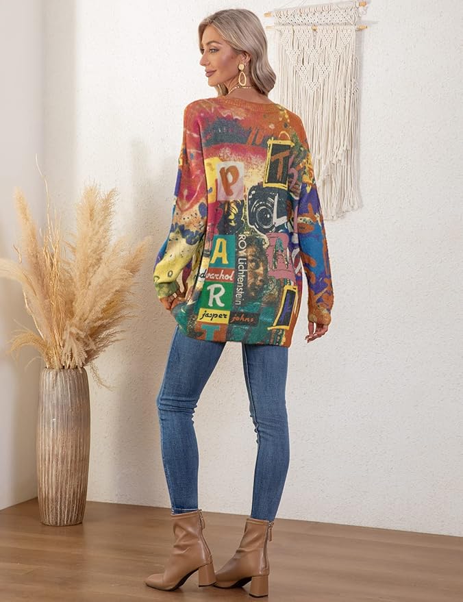 YESNO Women Christmas Sweater Graphic Printed Oversized Pullover Sweaters Casual Loose Knit Tops S01