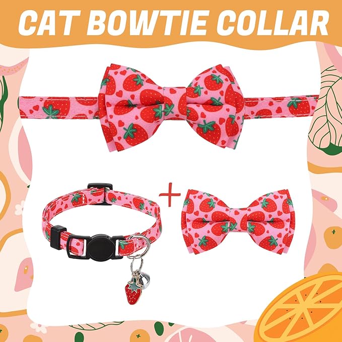 6 Pack Breakaway Cat Collars with Bow Tie and Bells Fruit Pendants Adjustable Safety Kitten Collar Fruit Cat Collar with Bell Ideal for Girl Boy Cats