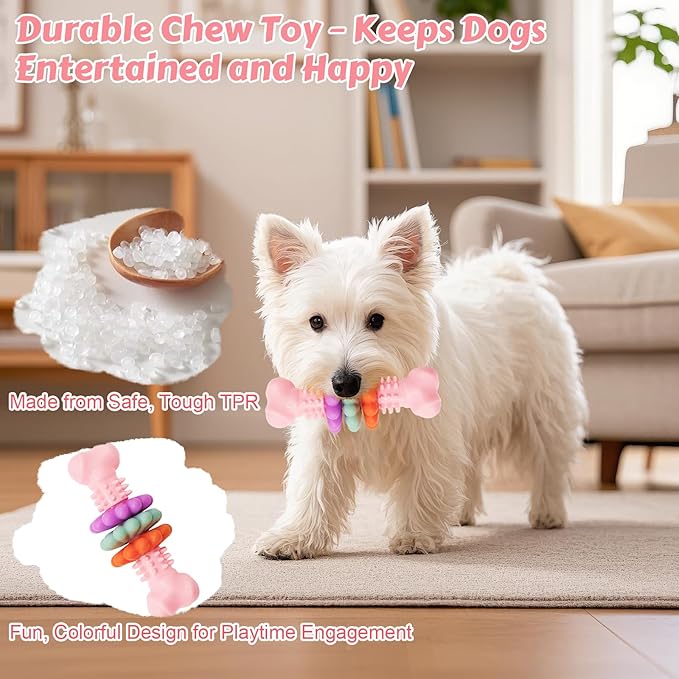 Puppy Chew Toys for Teething, Durable Dog Chew Toy for Aggressive Chewers, Tough TPR Rubber Bone Toy for Small & Medium Dogs, Teeth Cleaning & Anxiety Relief(Pink)