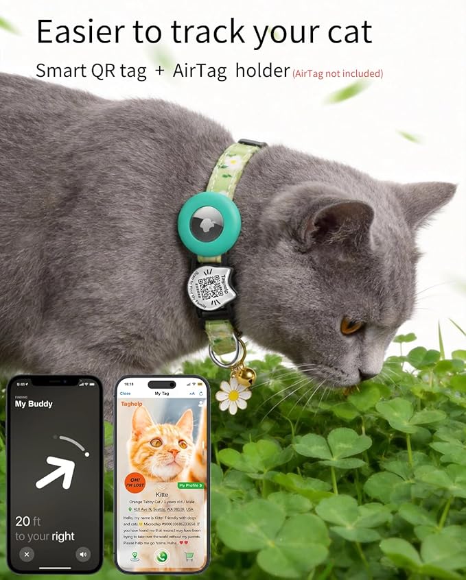 Cute Floral Breakaway Cat Collar with QR Code ID, Lightweight Cotton Safety Collar with Bell & AirTag Holder for Kittens and Cats,Pastoral Style with airtag Holder(Green)