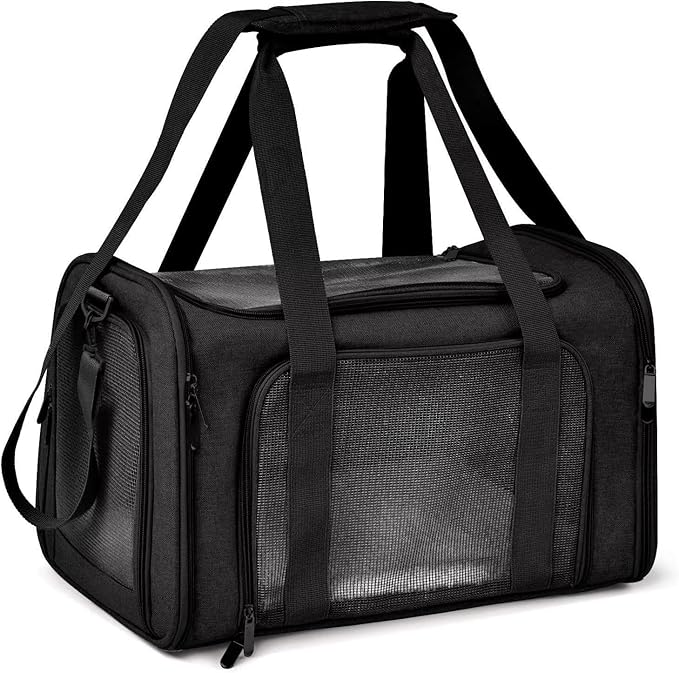 Pet Travel Carrier Bag – Airline Approved Soft-Sided Dog & Cat Carrier, Foldable, Breathable Mesh, Washable Pad – Fits Pets up to 15 lbs – The Pup Quartet (Black)