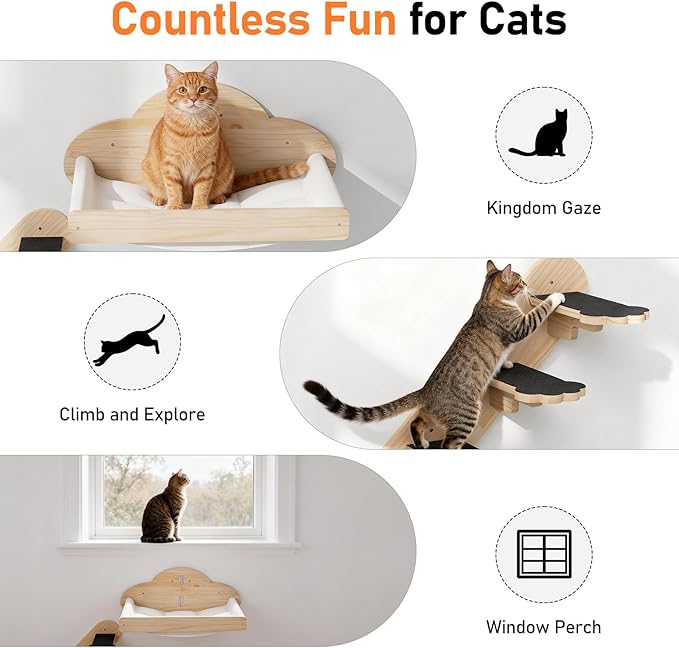 XiaZ Cat Wall Hammock Mounted Bed with 4 Climbing Steps, Modern Cats Shelves and Perches up to 30lbs, Wooden Kitten Wall Furniture for Indoor Sleeping, Playing, Climbing and Lounging (Hammock)
